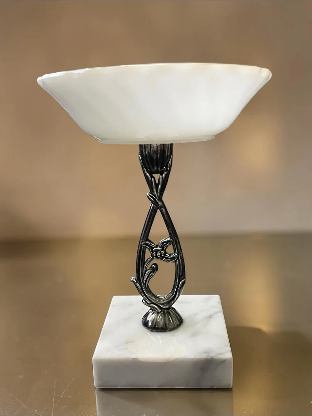 Vintage Italian Milk Glass Compote Marble Base Hollywood Regency